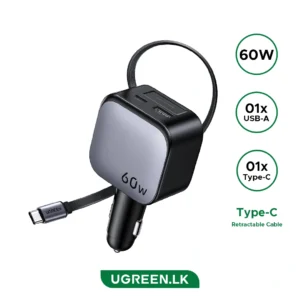 UGREEN 60W Retractable Cable With Type-C+USB Car Charger – EC602 – 55212B – 1 Year Warranty